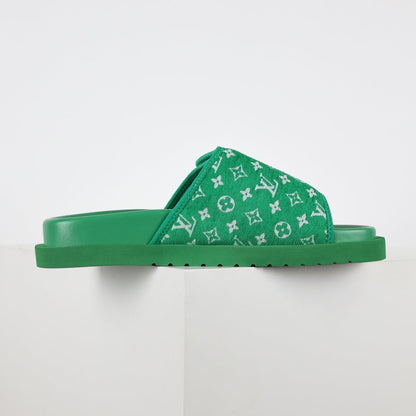 L***V Grass Green Monogram Jacquard Twisted Bow Ruched Strap Miami Slide Sandals — Spring Summer Boutique Limited Edition
