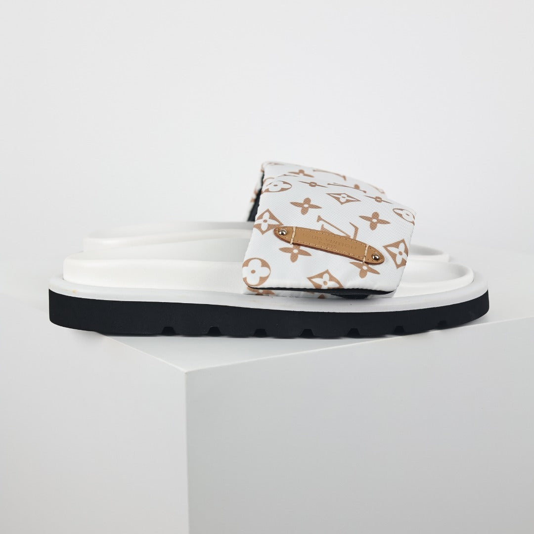L***V White Giant Monogram Canvas Leather Trim Flat Slide Sandals — 2024 Spring Summer Boutique Limited Edition