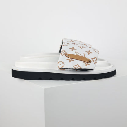 L***V White Giant Monogram Canvas Leather Trim Flat Slide Sandals — 2024 Spring Summer Boutique Limited Edition