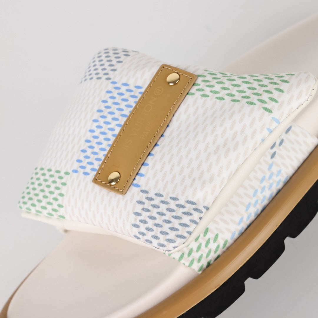 L***V White Mesh Woven Gold Bar Wide Strap Pool Pillow Comfort Slide Sandals — Spring Summer Boutique Limited Edition