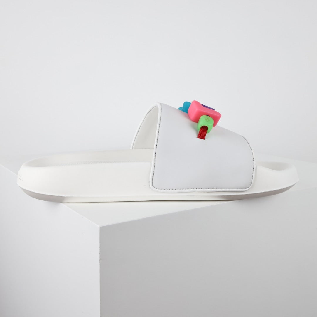 L***V Rubber Pool Slide Sandals — SS23 Limited Edition 3D Logo Charm Slip-On Beach Slippers (White)