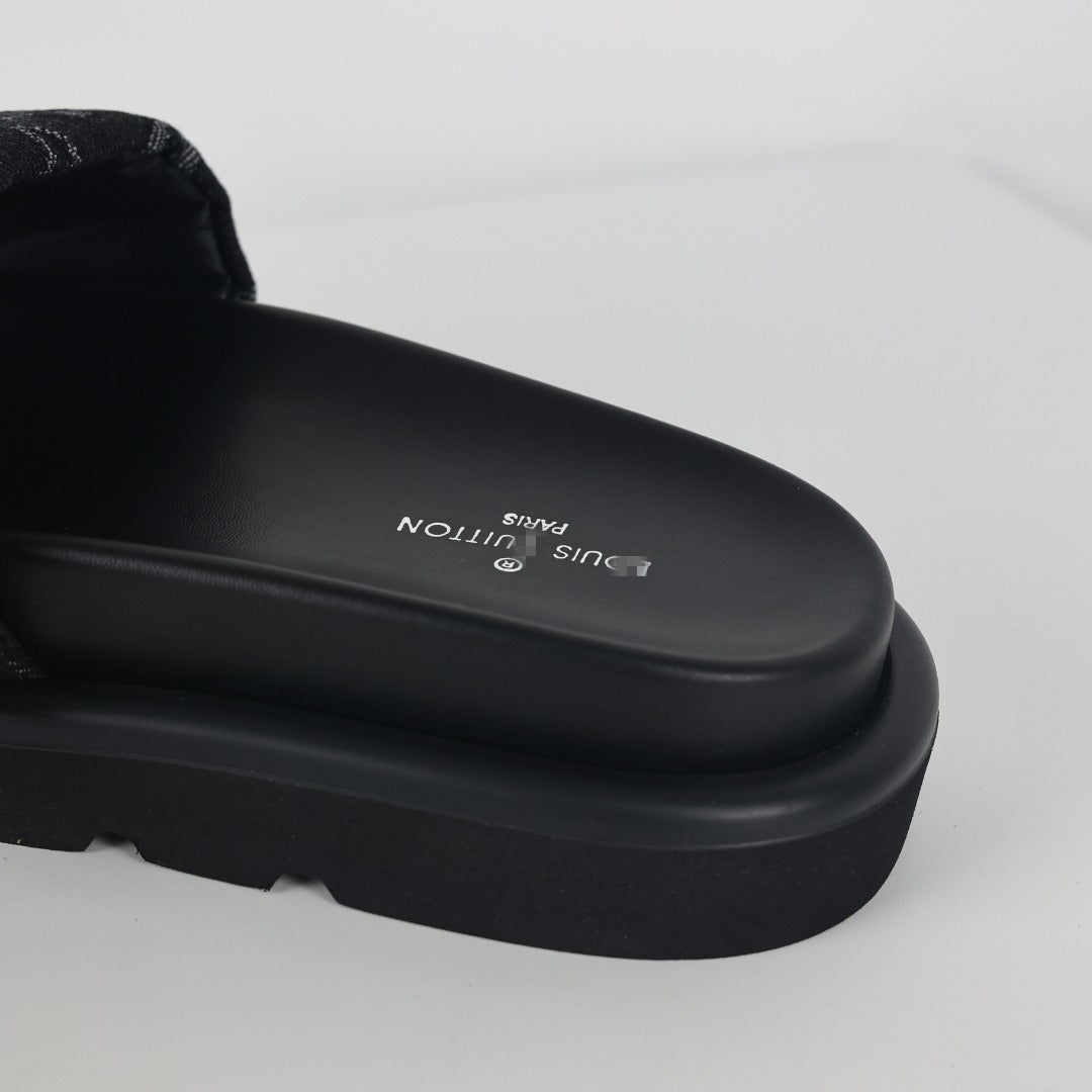 L***V All-Black Tonal Monogram Double Strap Flat Slide Sandals — 2024 Spring Summer Boutique Limited Edition