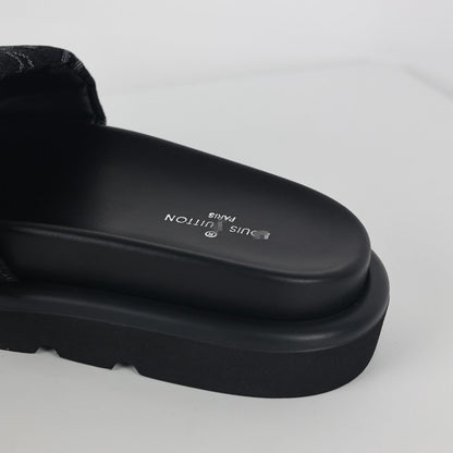 L***V All-Black Tonal Monogram Double Strap Flat Slide Sandals — 2024 Spring Summer Boutique Limited Edition