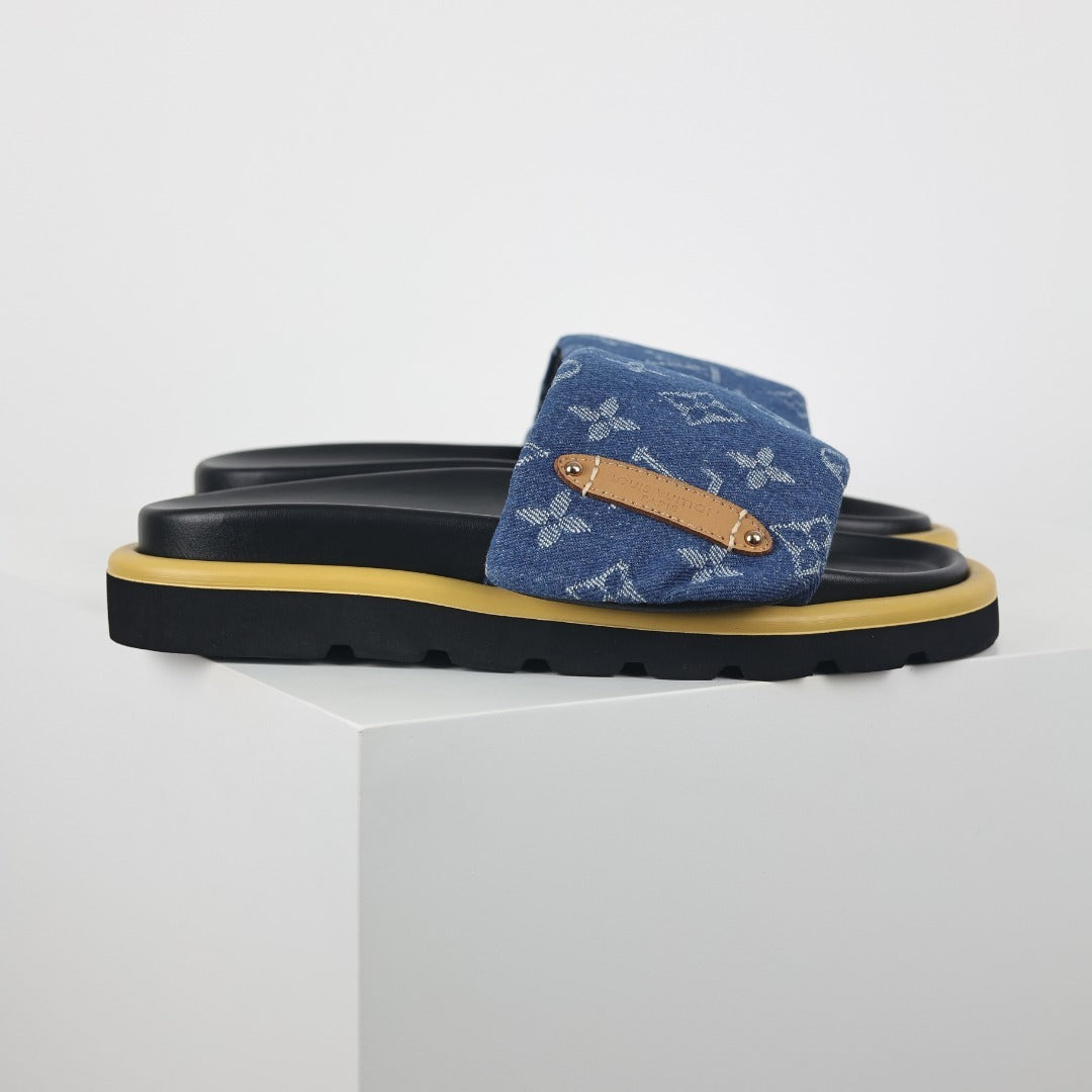 L***V Blue Denim Monogram Gold Bar Platform Slide Sandals — 2024 Spring Summer Boutique Limited Edition