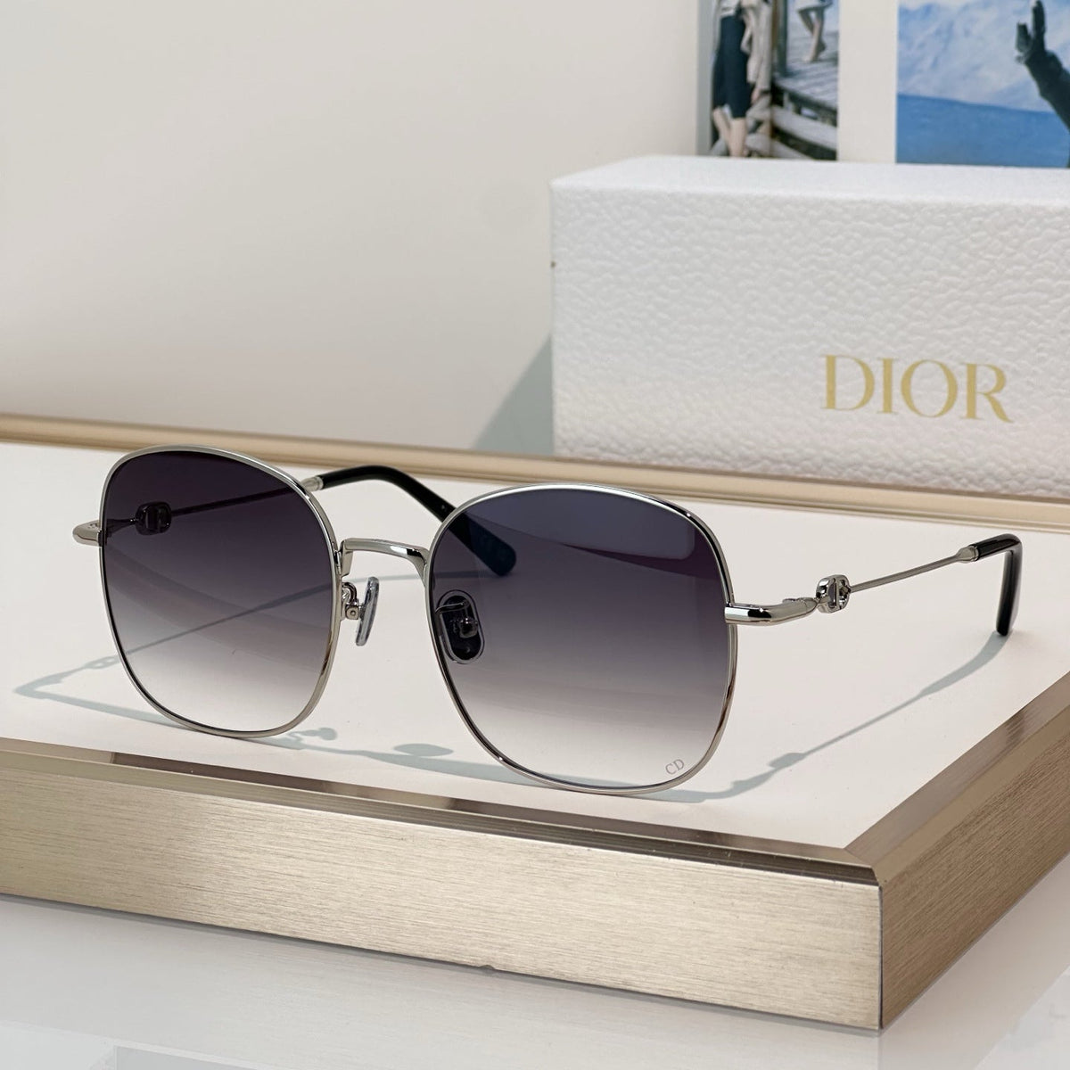 D**R Square Round Optical Glasses with Slim Gold Metal Wire Frame, Clear Blue Light Lenses & CD Logo Hinge Hardware