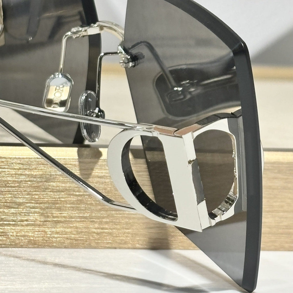 D**R Geometric Oversized Sunglasses | Rimless Bevelled Square Frame, DIOR Letter Print Lens, Silver Metal | Multiple Colors