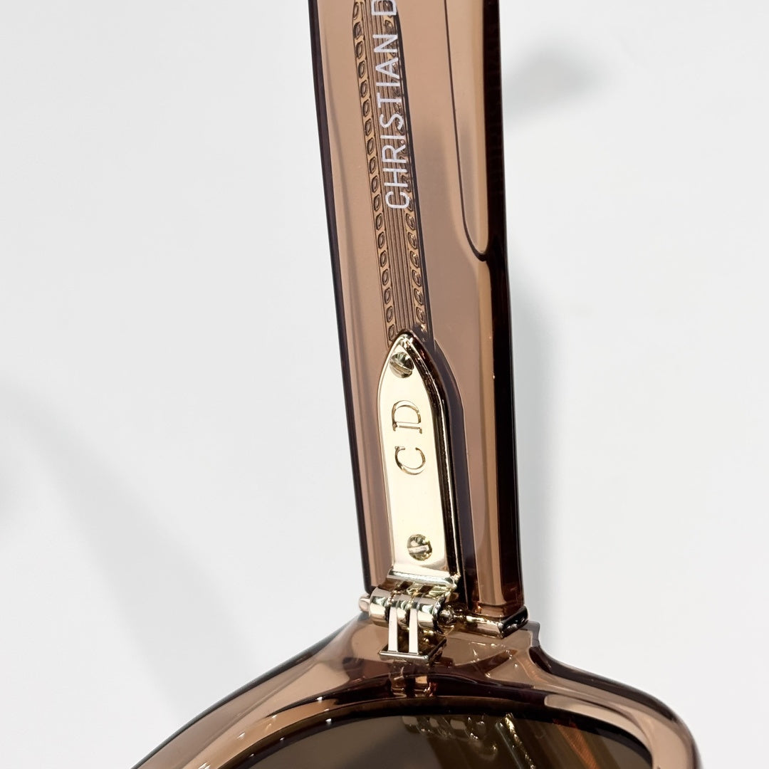 D**R Bold Square Acetate Sunglasses | Transparent Champagne-Brown Frame, Gold CD Metal Inlay, Three-Rivet Temple, Flat Brown Lenses