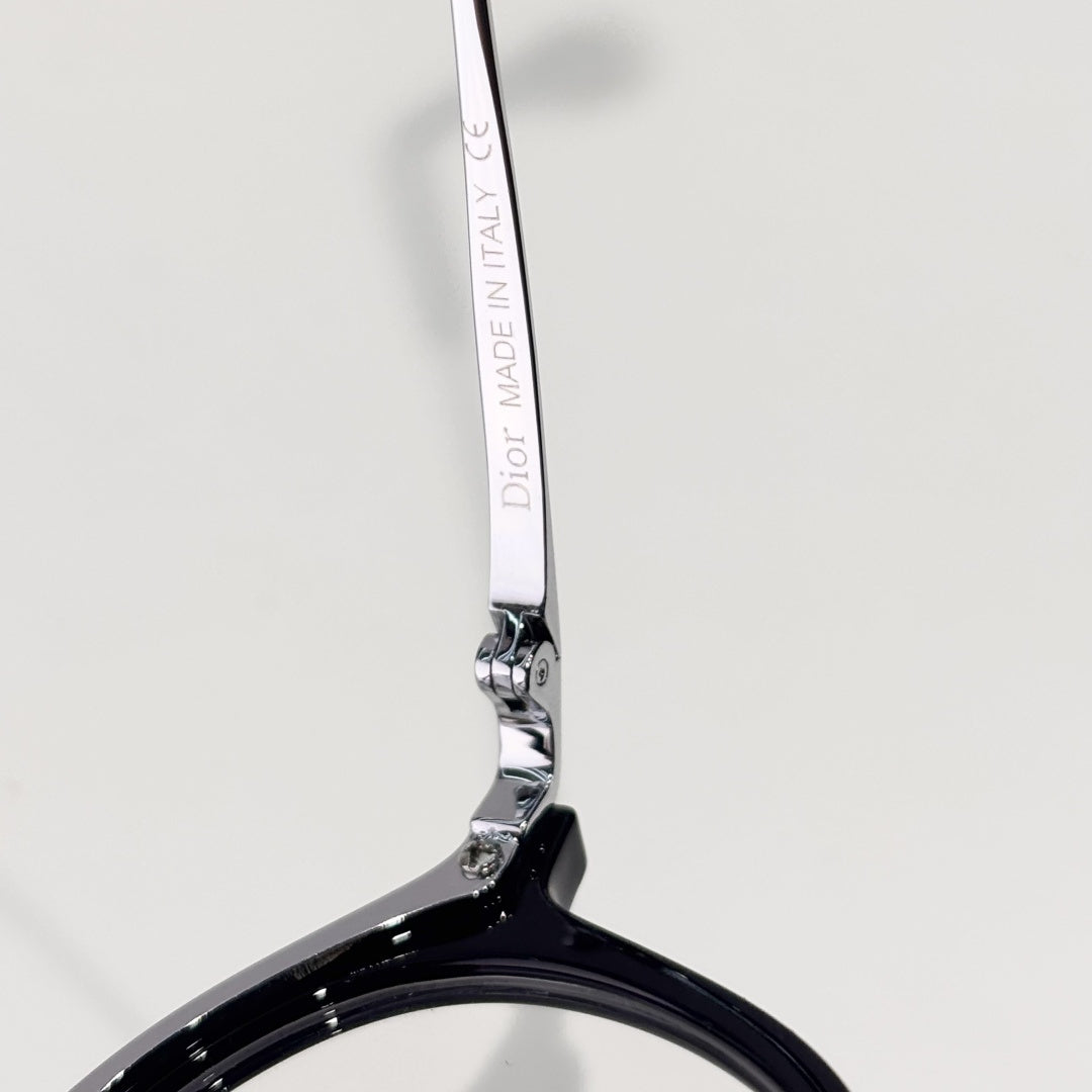 D**R Round Optical Glasses | Black Acetate Top & Silver Metal Bottom Combination Frame, Dior Script Lens Print, Rivet Detail