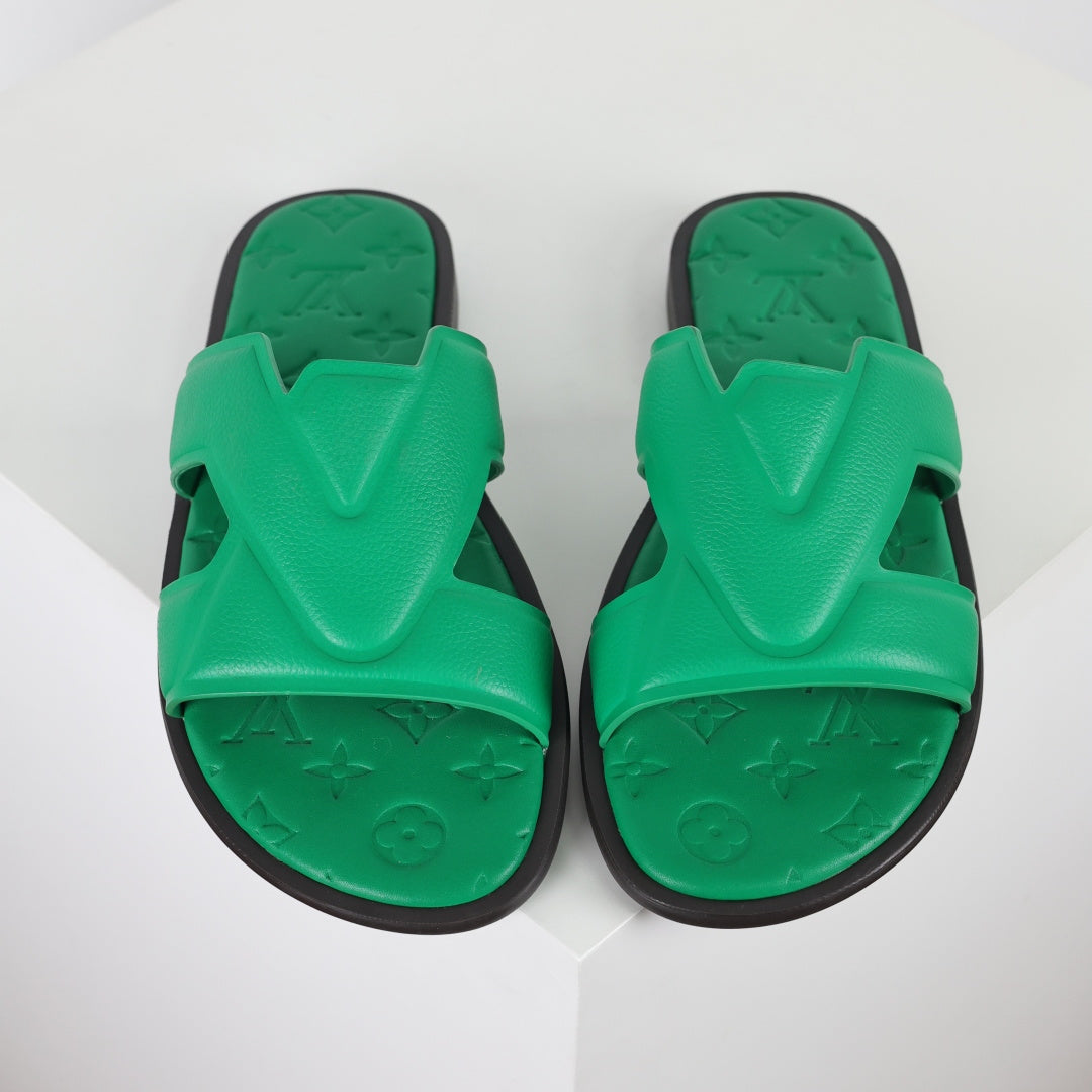 L***V Emerald Green Smooth Leather H-Strap Multi-Band Oasis Flat Slide Sandals — Spring Summer Boutique Limited Edition