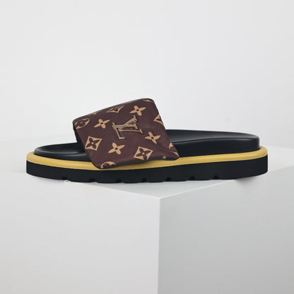 L***V Dark Brown Giant Monogram Canvas Wide Strap Platform Slide Sandals — 2024 Spring Summer Boutique Limited Edition