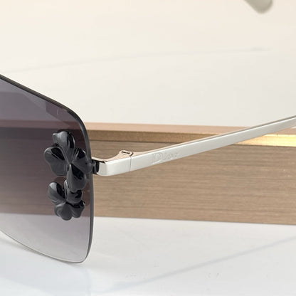D**R Rimless Square Sunglasses | Silver Metal Temples, 3D Black Floral Detail & Grey Gradient Lenses