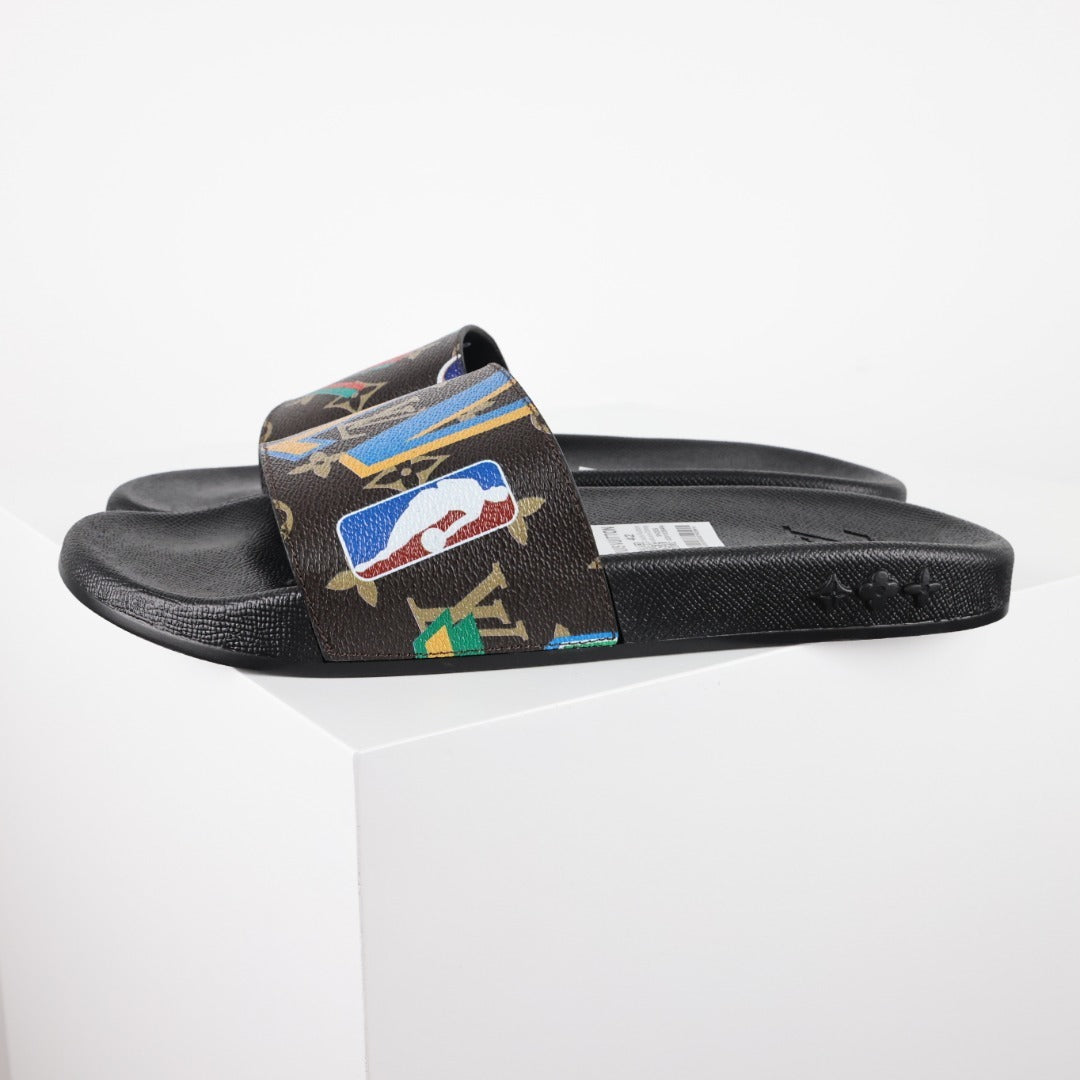 L***V Camo Multicolor Sticker Print Waterfront Wide Strap Slide Sandals — Spring Summer Boutique Limited Edition