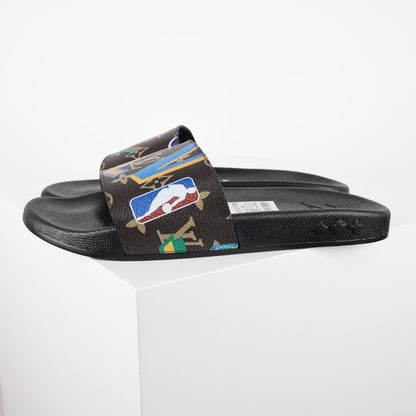 L***V Camo Multicolor Sticker Print Waterfront Wide Strap Slide Sandals — Spring Summer Boutique Limited Edition