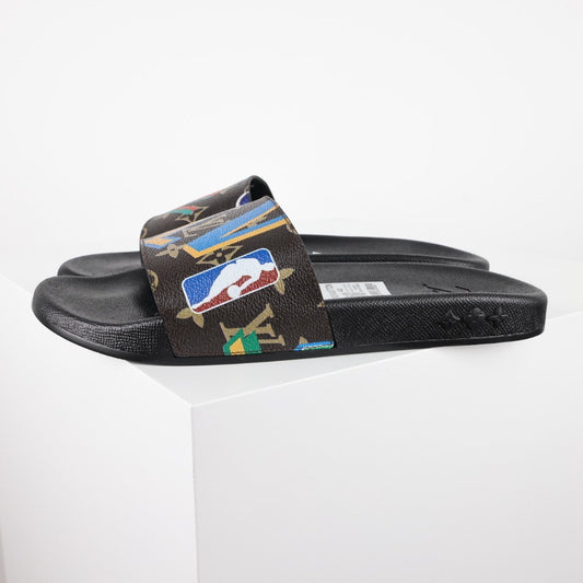 L***V Camo Multicolor Sticker Print Waterfront Wide Strap Slide Sandals — Spring Summer Boutique Limited Edition