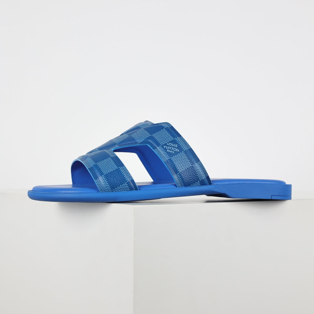 L***V Cobalt Blue Damier Embossed Leather H-Strap Multi-Band Oasis Flat Slide Sandals — Spring Summer Boutique Limited Edition