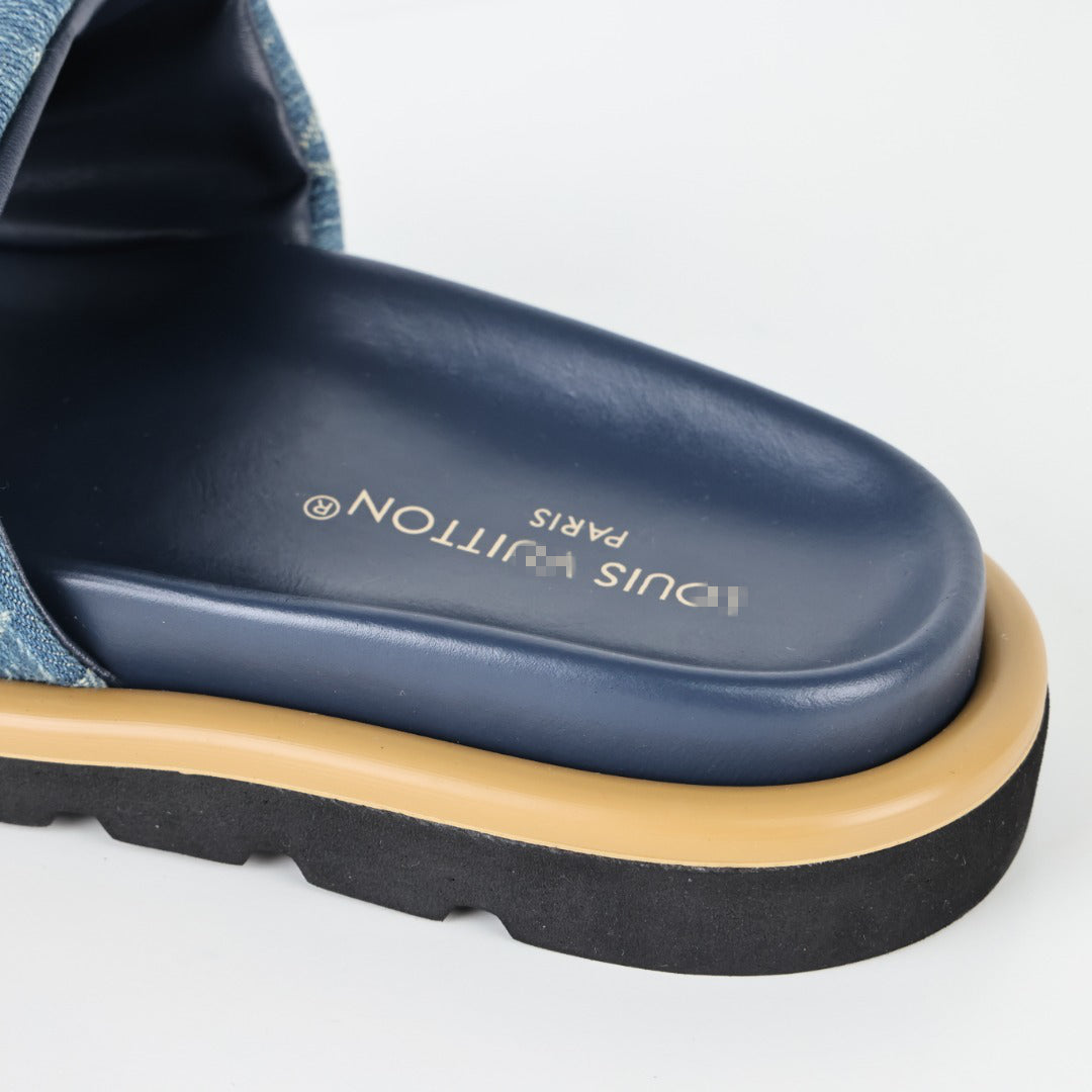 L***V Denim Monogram Double Strap Velcro Slide Sandals — SS24 Wide Band Slip-On Pool Beach Slippers (4 Colors)