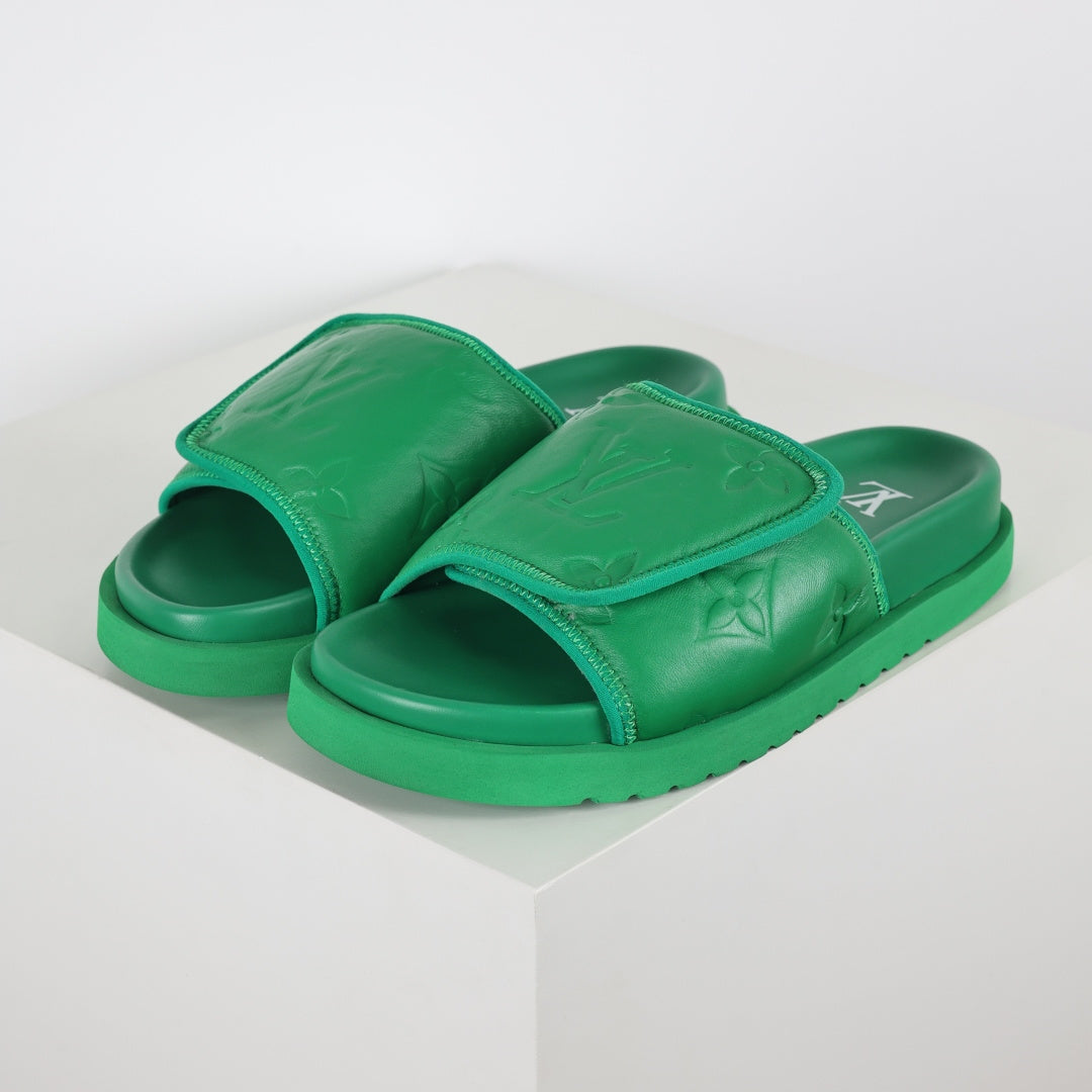 L***V Grass Green Inflated Pillow Leather Velcro Adjustable Wide Strap Miami Slide Sandals — Spring Summer Boutique Limited Edition