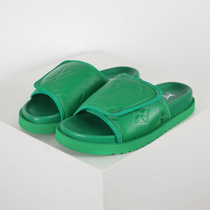 L***V Grass Green Inflated Pillow Leather Velcro Adjustable Wide Strap Miami Slide Sandals — Spring Summer Boutique Limited Edition