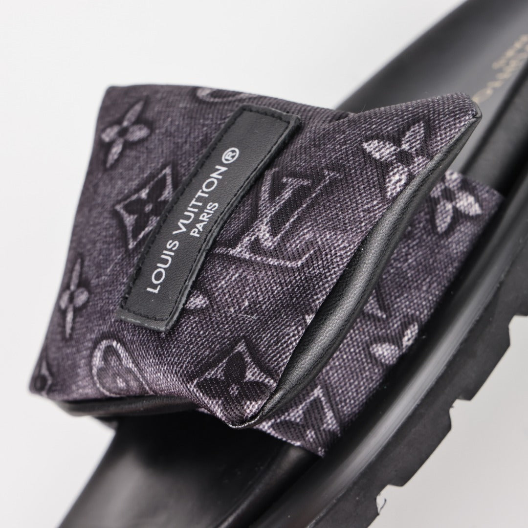 L***V Dark Grey Monogram Nylon Pool Pillow Comfort Wide Strap Slide Sandals — Spring Summer Boutique Limited Edition