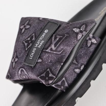 L***V Dark Grey Monogram Nylon Pool Pillow Comfort Wide Strap Slide Sandals — Spring Summer Boutique Limited Edition
