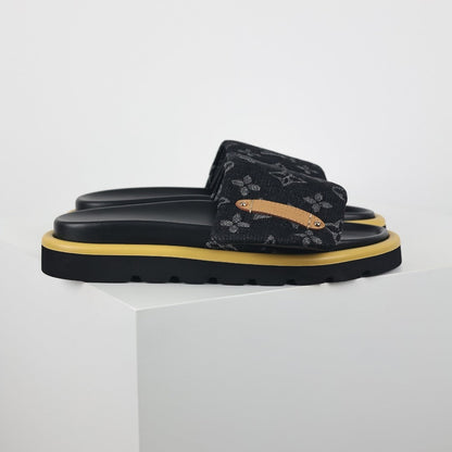 L***V Black Monogram Canvas Gold Safety Pin Platform Slide Sandals — 2024 Spring Summer Boutique Limited Edition