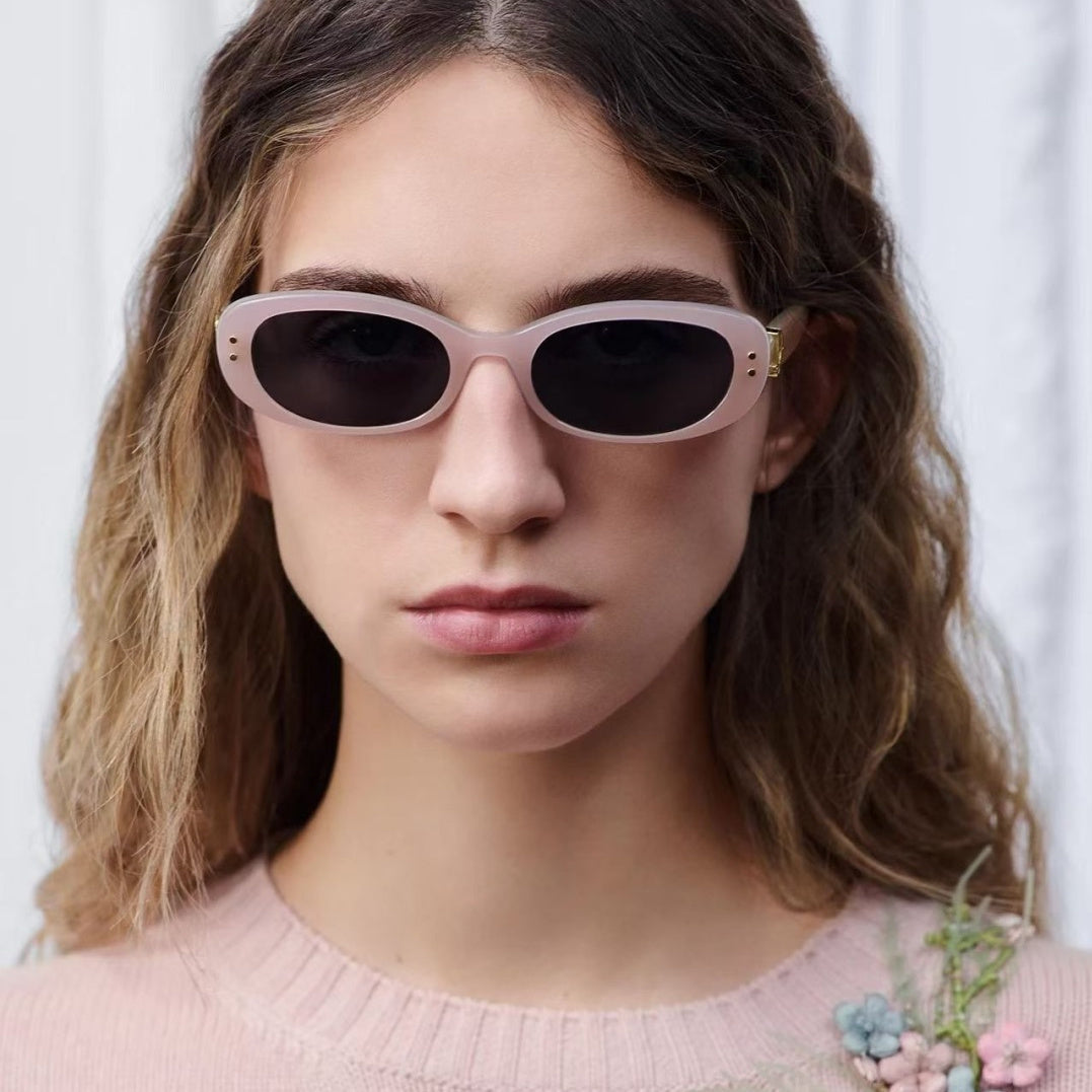 D**R Slim Narrow Oval Sunglasses with Glossy Black Acetate Frame, Dark Grey Lenses & Gold CD Hinge Hardware