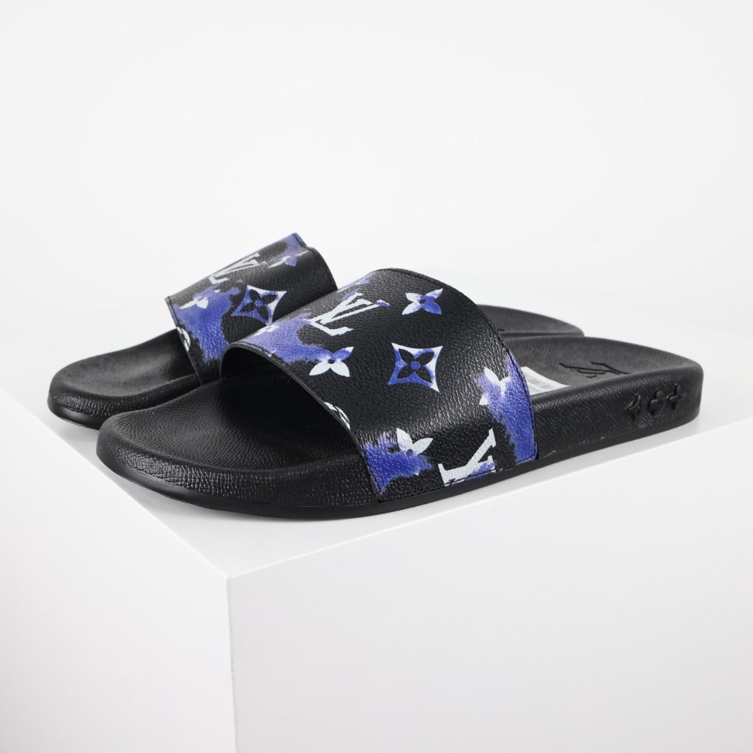 L***V Black Blue Purple Multicolor Monogram Floral Waterfront Wide Strap Slide Sandals — Spring Summer Boutique Limited Edition