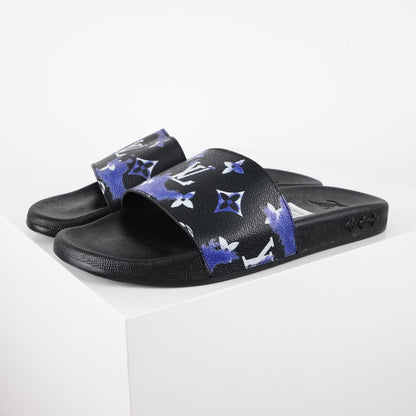 L***V Black Blue Purple Multicolor Monogram Floral Waterfront Wide Strap Slide Sandals — Spring Summer Boutique Limited Edition