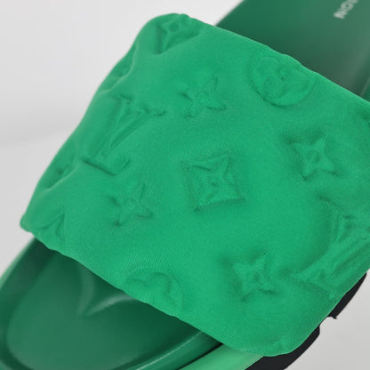 L***V Kelly Green Tonal Monogram Puffy Quilted Wide Strap Platform Slide Sandals — 2024 Spring Summer Boutique Limited Edition