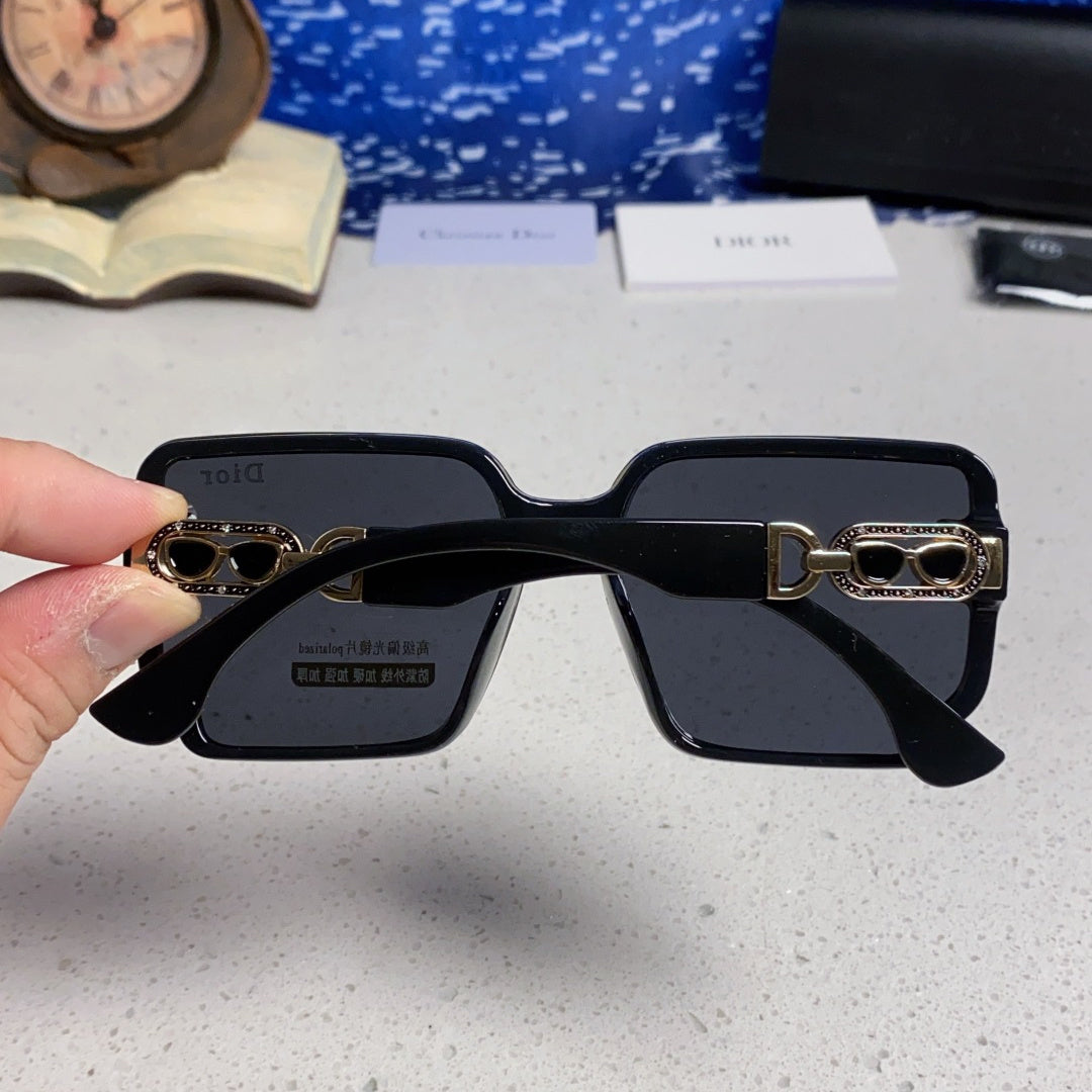 D**R Oversized Square Sunglasses | All-Black Frame, Gold CD Logo Temple & Dark Grey Lenses