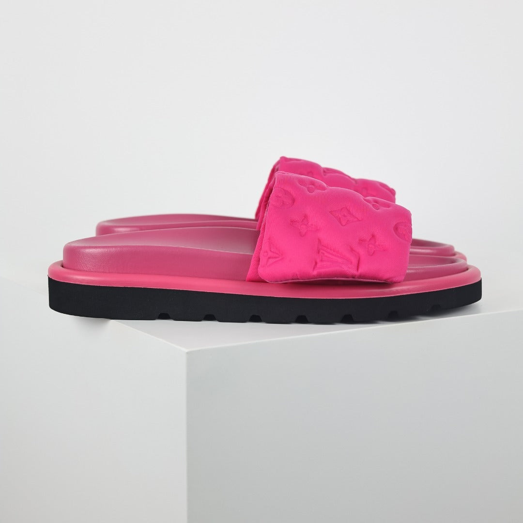 L***V Hot Pink Tonal Monogram Puffy Quilted Wide Strap Platform Slide Sandals — Spring Summer Boutique Limited Edition