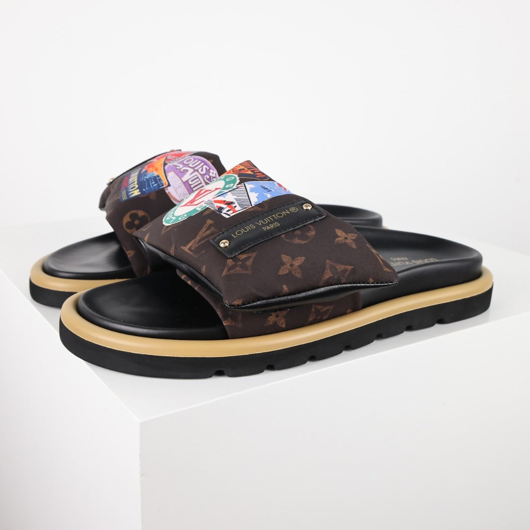 L***V Classic Brown Monogram Multicolor Cartoon Graffiti Print Wide Strap Slip-On Slide Sandals — Spring Summer Boutique Limited Edition