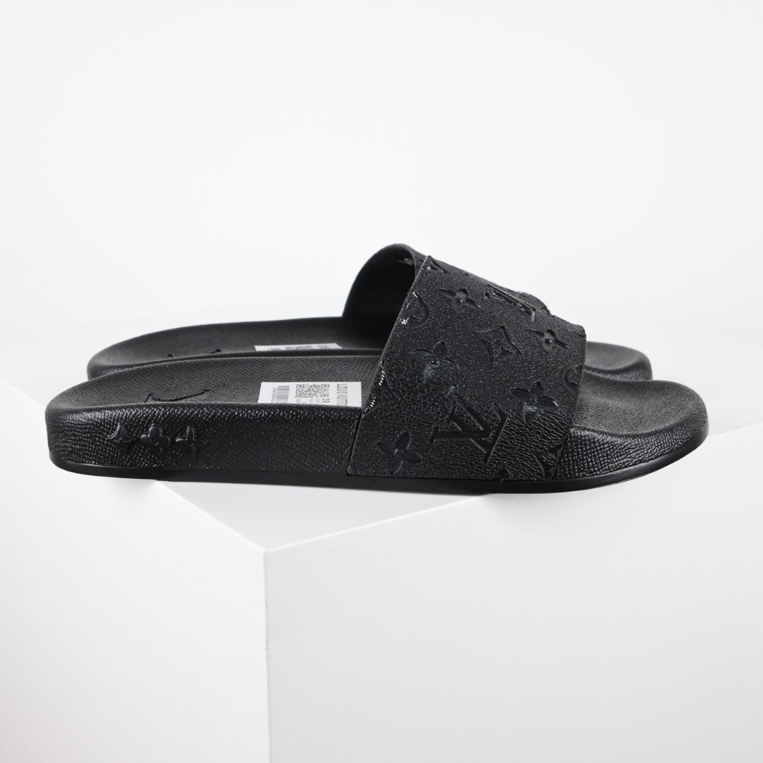 L***V All-Black Rubber Tonal Oversized Monogram Embossed Waterfront Wide Strap Slide Sandals — Spring Summer Boutique Limited Edition
