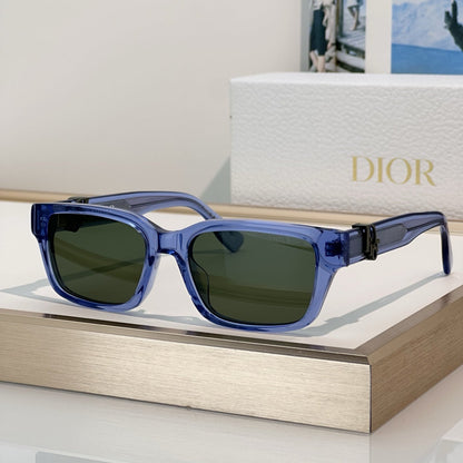 D**R Thick Square Sunglasses with Crystal Grey Transparent Frame, Navy Blue Lenses & Engraved CD Temple Hardware