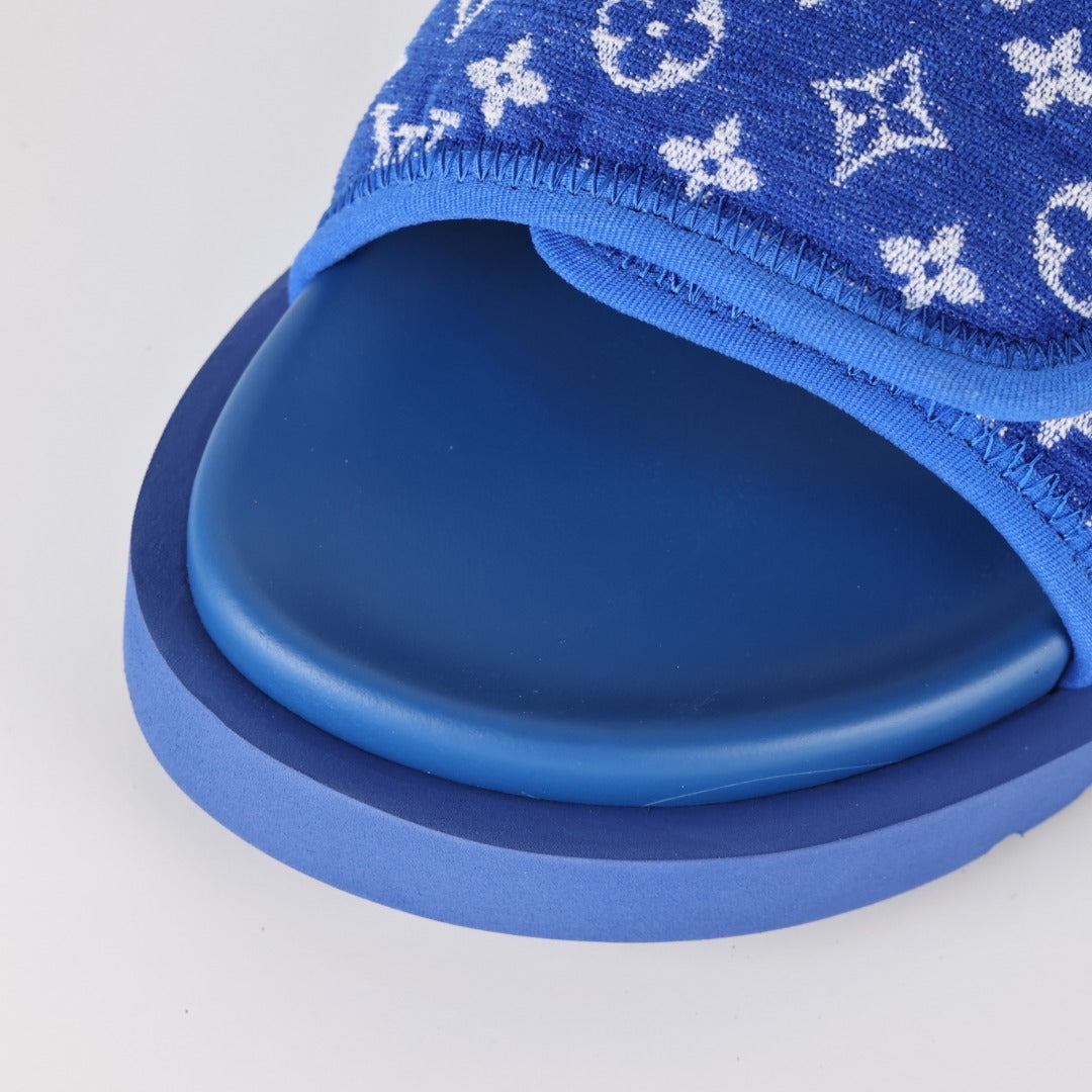 L***V Royal Blue Monogram Jacquard Velcro Adjustable Wide Strap Miami Slide Sandals — Spring Summer Boutique Limited Edition