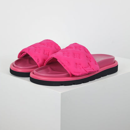L***V Hot Pink Tonal Monogram Puffy Quilted Wide Strap Platform Slide Sandals — Spring Summer Boutique Limited Edition