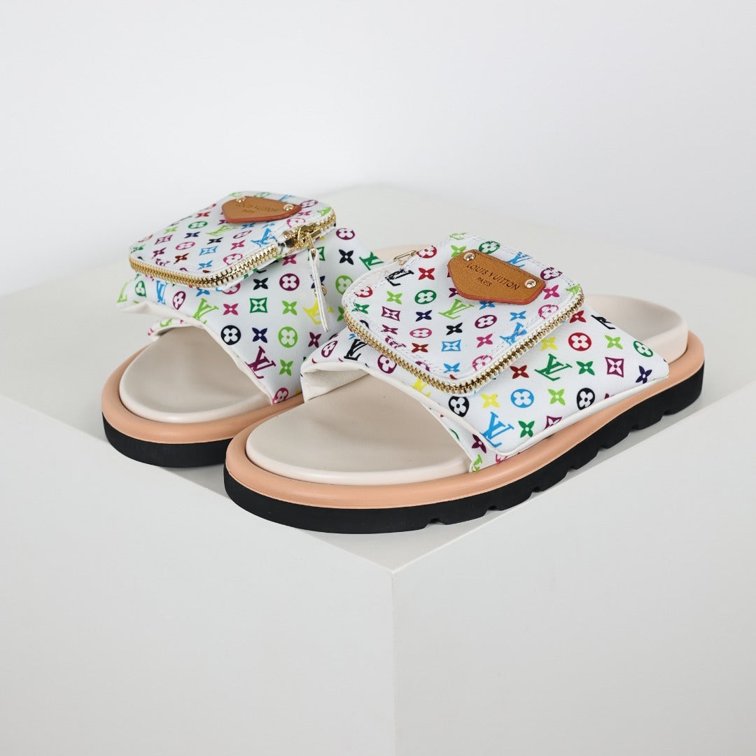 L***V White Multicolor Monogram Gold Zipper Bow Wide Strap Pool Pillow Slide Sandals — Spring Summer Boutique Limited Edition
