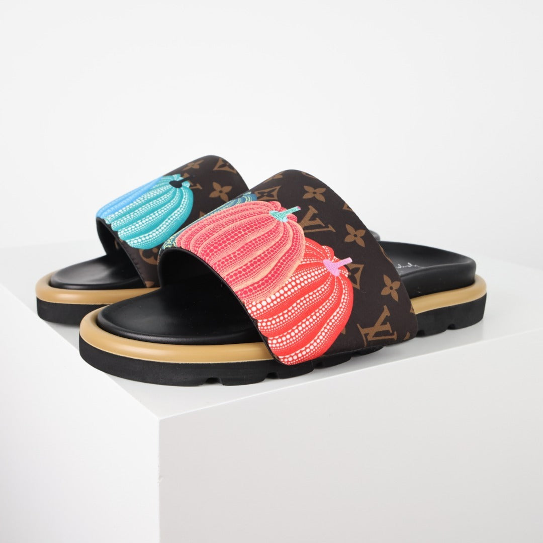L***V Monogram Floral Embroidered Slide Sandals — 3D Coral & Mint Wide Band Slip-On Pool Beach Slippers (8 Colors)