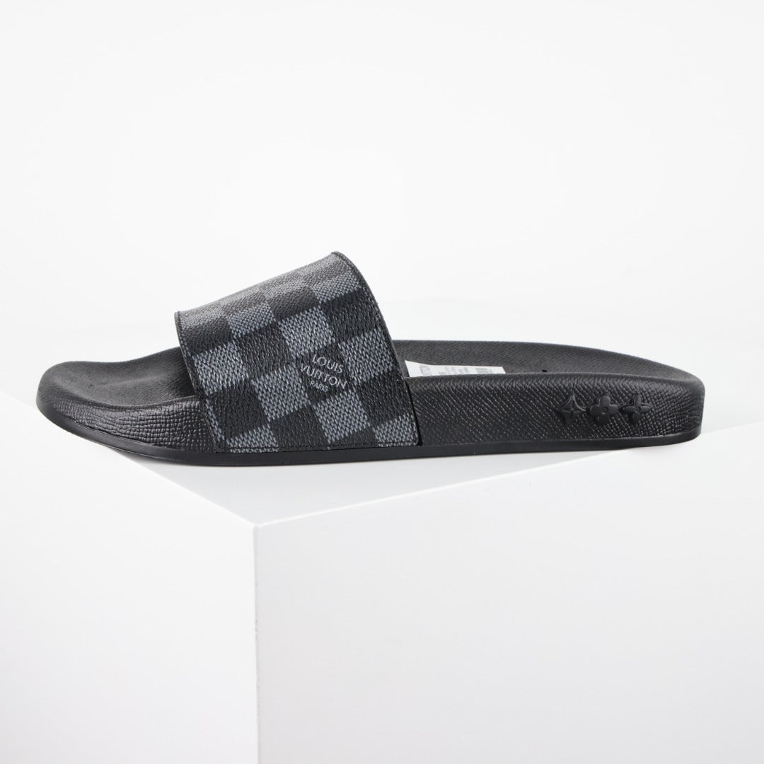 L***V Damier Graphite All-Black Waterfront Wide Strap Slide Sandals — Spring Summer Boutique Limited Edition