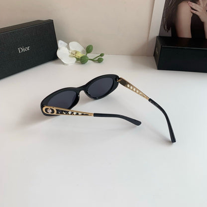 D**R Oval Sunglasses with Glossy Black Acetate Frame, Dark Grey Lenses & Gold Filigree Pearl Embellished Temple Hardware