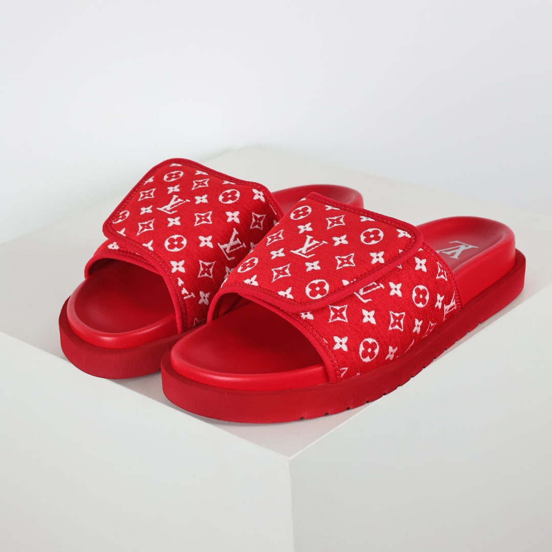 L***V Scarlet Red Monogram Jacquard Twisted Bow Ruched Strap Miami Slide Sandals — Spring Summer Boutique Limited Edition