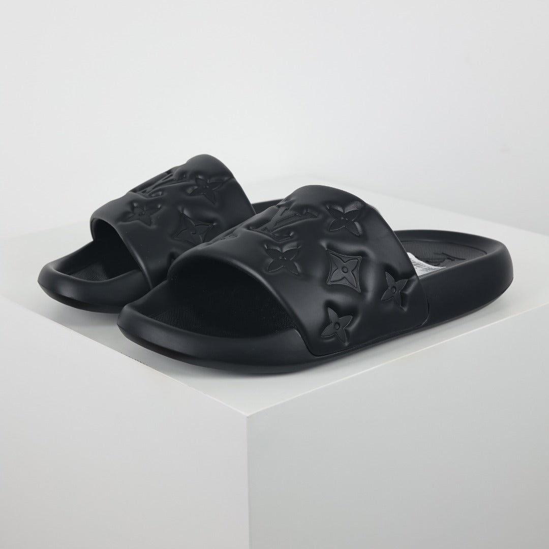 L***V All-Black Tonal Monogram Embossed EVA Waterfront Wide Strap Slide Sandals — Spring Summer Boutique Limited Edition