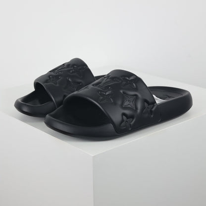 L***V All-Black Tonal Monogram Embossed EVA Waterfront Wide Strap Slide Sandals — Spring Summer Boutique Limited Edition