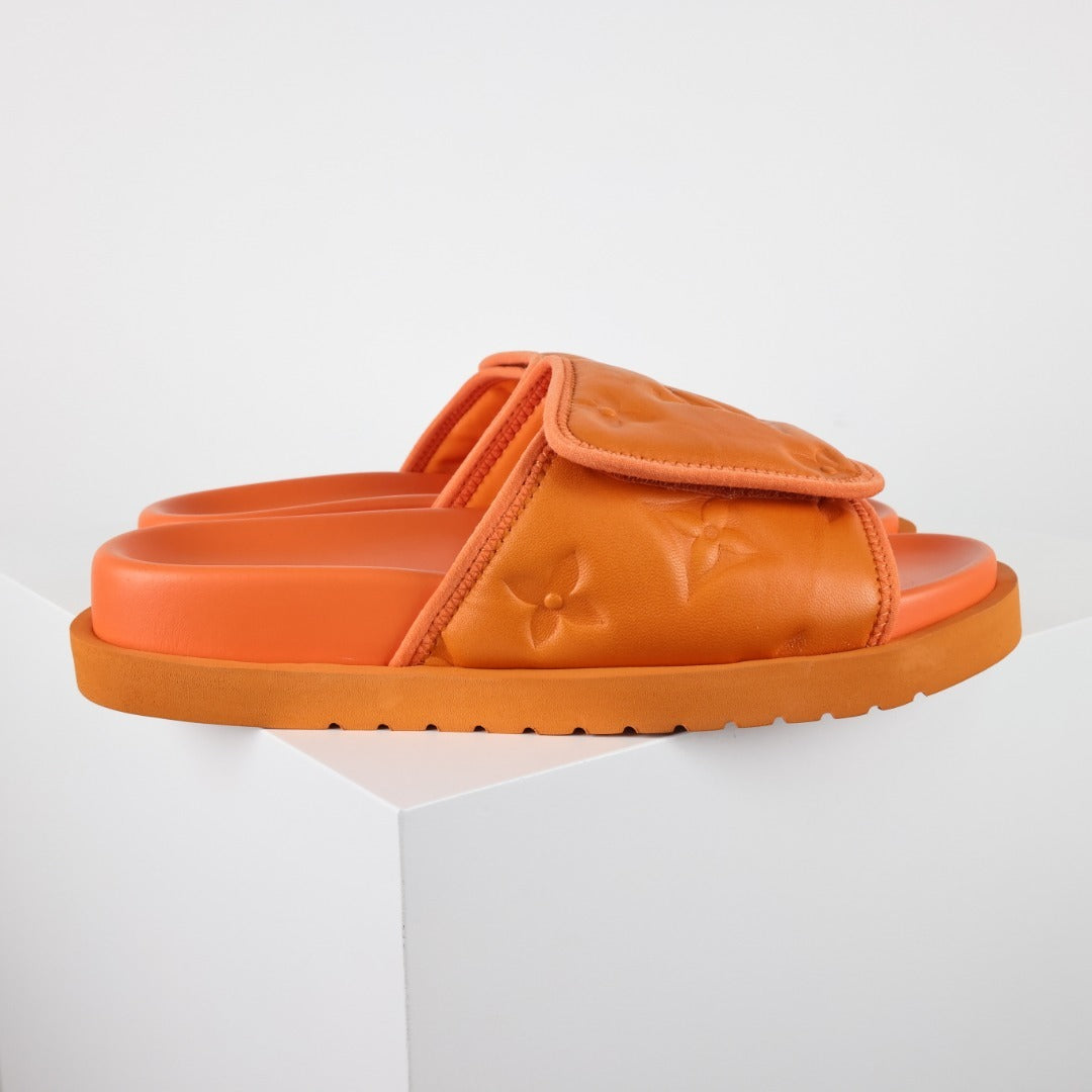 L***V Tangerine Orange Inflated Pillow Leather Velcro Adjustable Wide Strap Miami Slide Sandals — Spring Summer Boutique Limited Edition