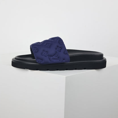 L***V Navy Blue Tonal Monogram Puffy Quilted Wide Strap Platform Slide Sandals — 2024 Spring Summer Boutique Limited Edition