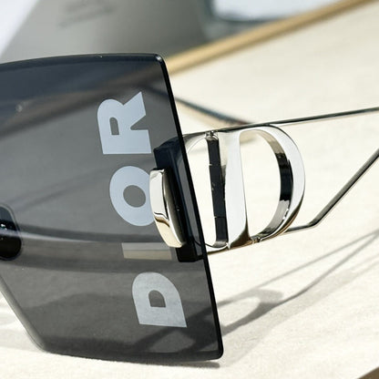D**R Geometric Oversized Sunglasses | Rimless Bevelled Square Frame, DIOR Letter Print Lens, Silver Metal | Multiple Colors