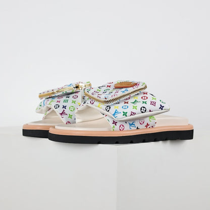 L***V White Multicolor Monogram Gold Zipper Bow Wide Strap Pool Pillow Slide Sandals — Spring Summer Boutique Limited Edition