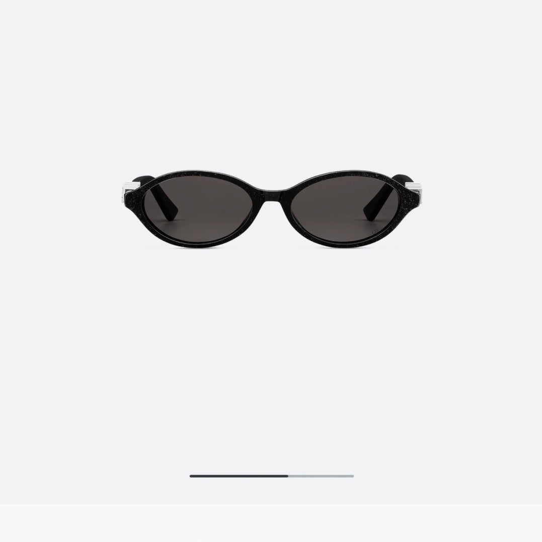 D**R Small Oval Sunglasses | Gloss Black Acetate Frame, Crystal-Set DIOR Letter Temple Block, Gold Metal Nose Bridge, Flat Grey Lenses
