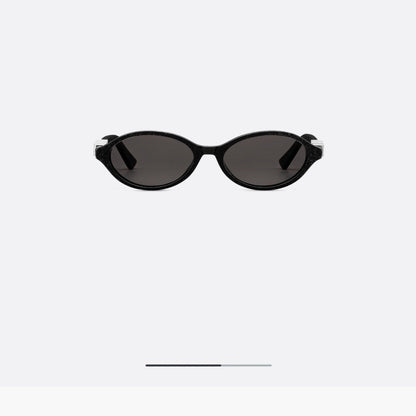 D**R Small Oval Sunglasses | Gloss Black Acetate Frame, Crystal-Set DIOR Letter Temple Block, Gold Metal Nose Bridge, Flat Grey Lenses