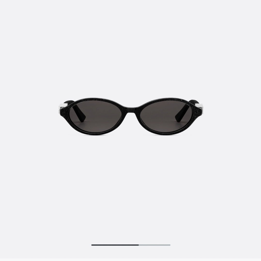 D**R Small Round Oval Sunglasses | Gloss Black Acetate, Crystal-Set DIOR Letter Temple Block, Gold Metal Nose Bridge, Flat Dark Grey Lenses